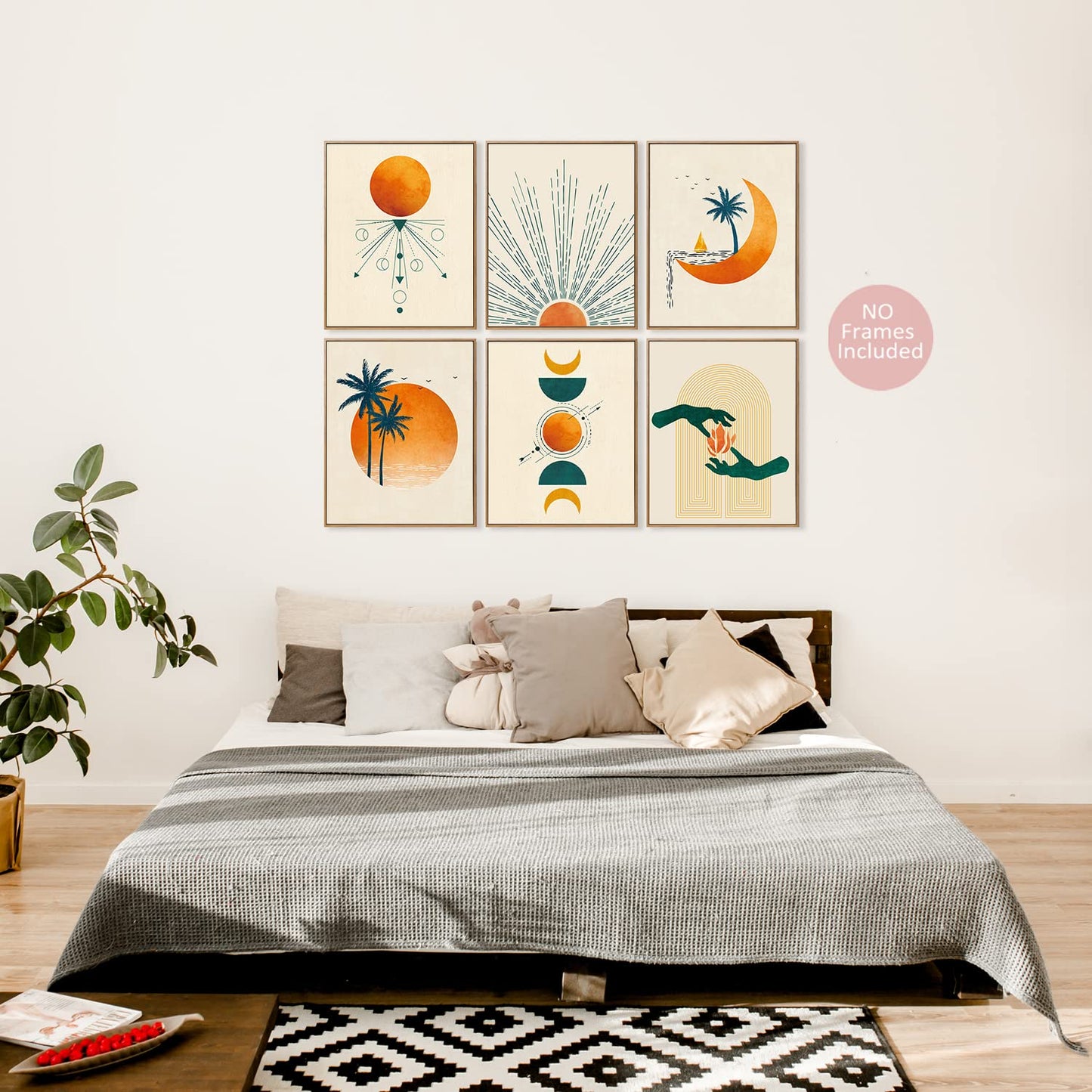 Abstract SunsetSunrise Landscape Art Prints, Modern Mid Century Geometric Decor, Boho Sun Moon Wall Art Posters Set of 6 (8x10 in Unframed) Palm Leaf Rainbow Boho Room Bedroom Bathroom Wall Decor