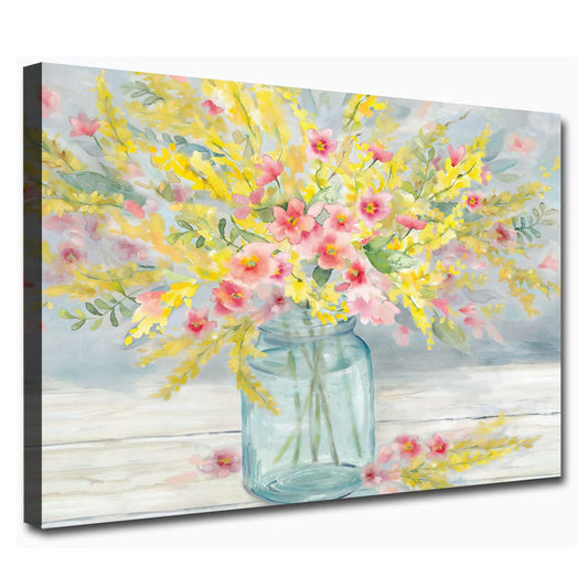 Abstract Pink Yellow Flowers Canvas Wall Art Modern Flower In A Vase Poster Prints Pink Floral Bathroom Wall Decor Rustic Yellow Pictures Painting for Living Room Decor 16x20inch Framelesss Poster