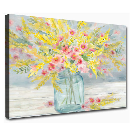 Abstract Pink Yellow Flowers Canvas Wall Art Modern Flower In A Vase Poster Prints Pink Floral Bathroom Wall Decor Rustic Yellow Pictures Painting for Living Room Decor 16x20inch Framelesss Poster