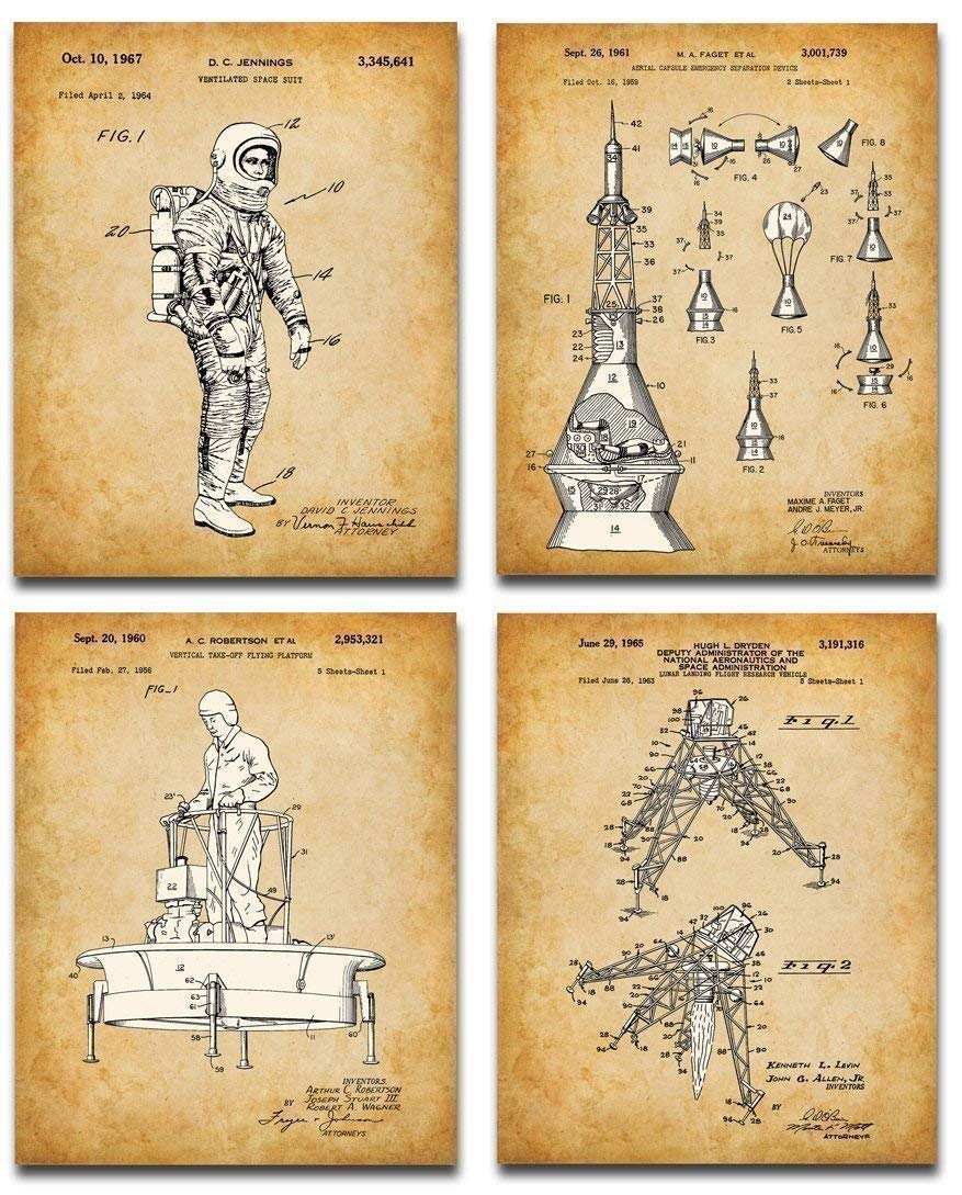 NASA Space Patent Prints - Vintage Space Art Posters, Astronomy Science Room Decoration, Outer Space Accessories and Great Aerospace Engineer Gifts, Set of 4 Photos (8x10) Unframed Posters