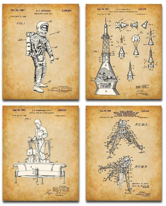 NASA Space Patent Prints - Vintage Space Art Posters, Astronomy Science Room Decoration, Outer Space Accessories and Great Aerospace Engineer Gifts, Set of 4 Photos (8x10) Unframed Posters