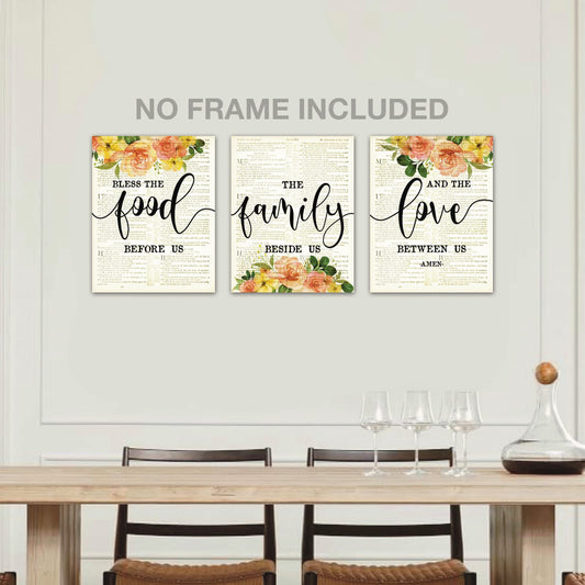 SWITHOM Unframed Dining Room Wall Decor - Bless The Food Before Us Vintage Style Wall Art Prints, 11x14 inch Motivational Kitchen Decor, Set of 3 Bible Verse Wall Art Decor Poster for Dining Room