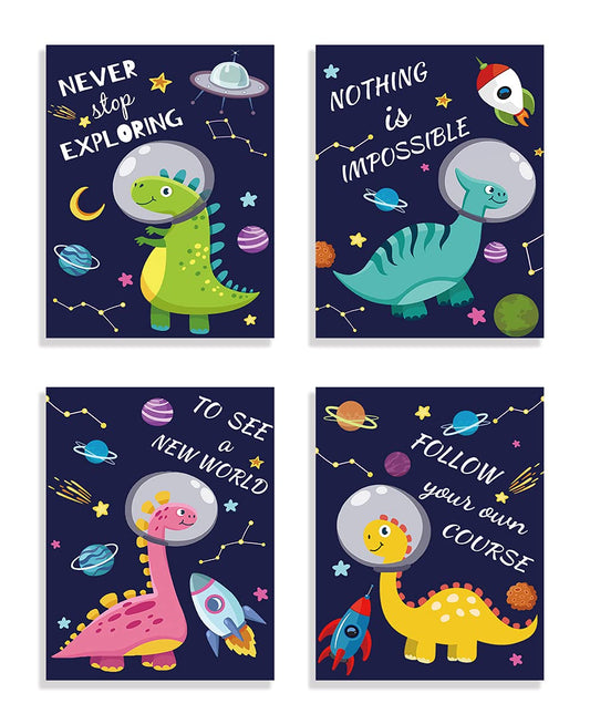 ZXjoys Dinosaur Outer Space Art Print, Wall Posters, Set Of 4 (8X10inch,Unframed) Watercolor Words Prints Planet Rocket UFO Painting for Nursery Kids Bedroom Classroom Decor