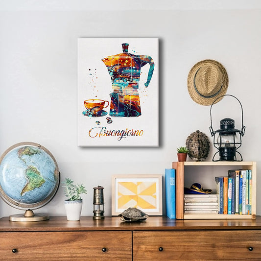 Buongiorno Moka Pot Coffee Watercolor Poster Canvas Wall Art for Home/Office/Kitchen Decor - Coffee Canvas Print Wall Art Painting Ready to Hang Gifts - Easel & Hanging Hook 12x15 Inch