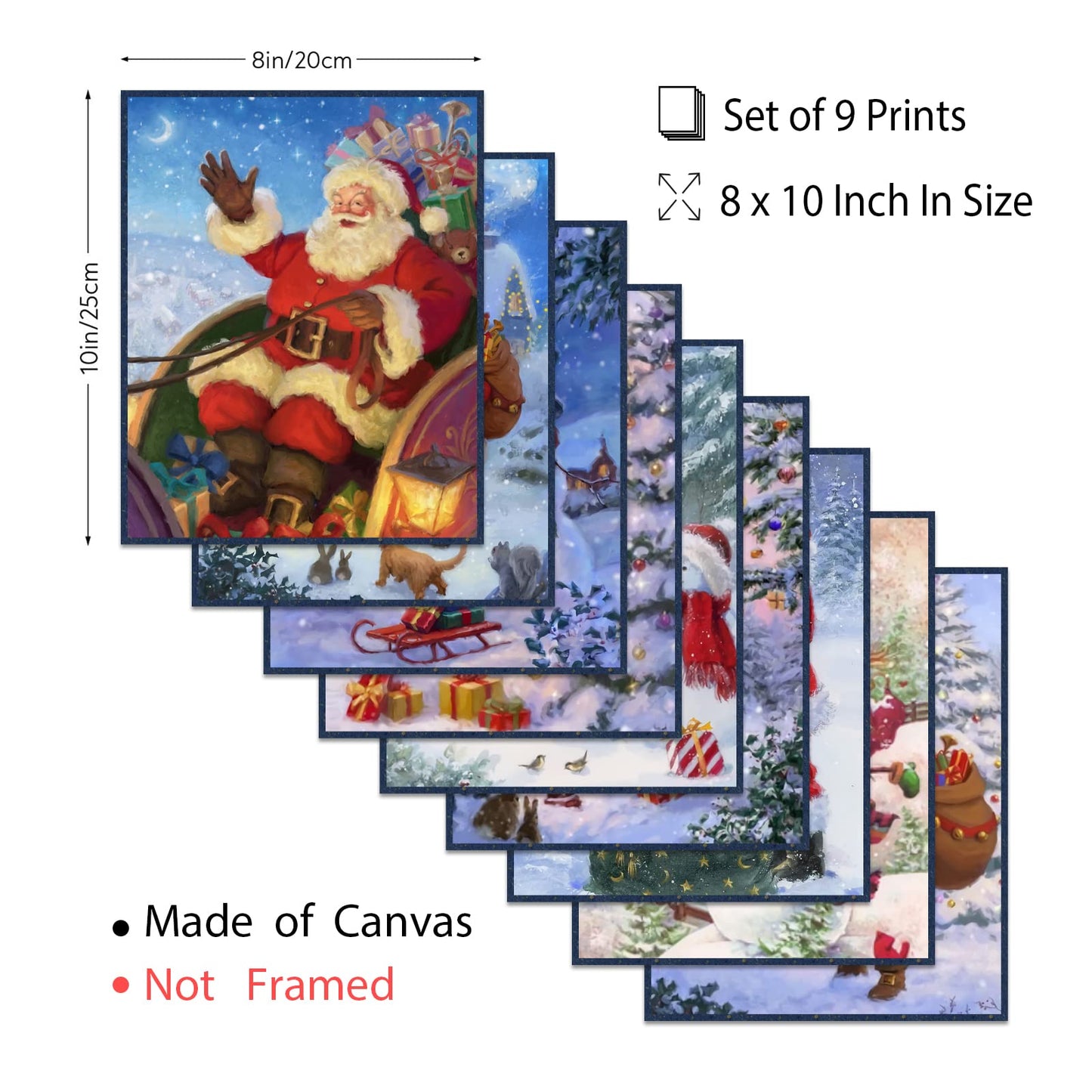 INFUNLY Set of 9 Merry Christmas Wall Art Print Santa Claus Wall Art Pictures UNFRAMED Winter Snowman Canvas Painting Posters 8X10 for Merry Christmas New Year Living Room Home Wall Decor