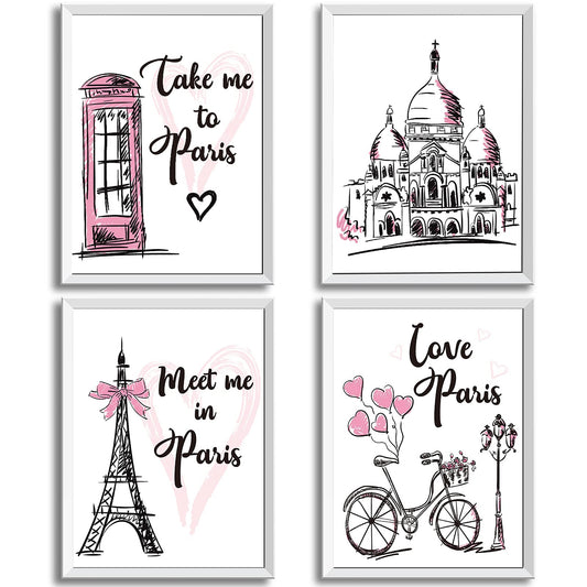 4 Pieces Paris Wall Art Prints, Pink Eiffel Tower Telephone Booth Romantic Paris Theme Room Unframed Art Poster Decor for Girls Living Room Bedroom Bathroom Kitchen Office Decor, 8 x 10 Inch