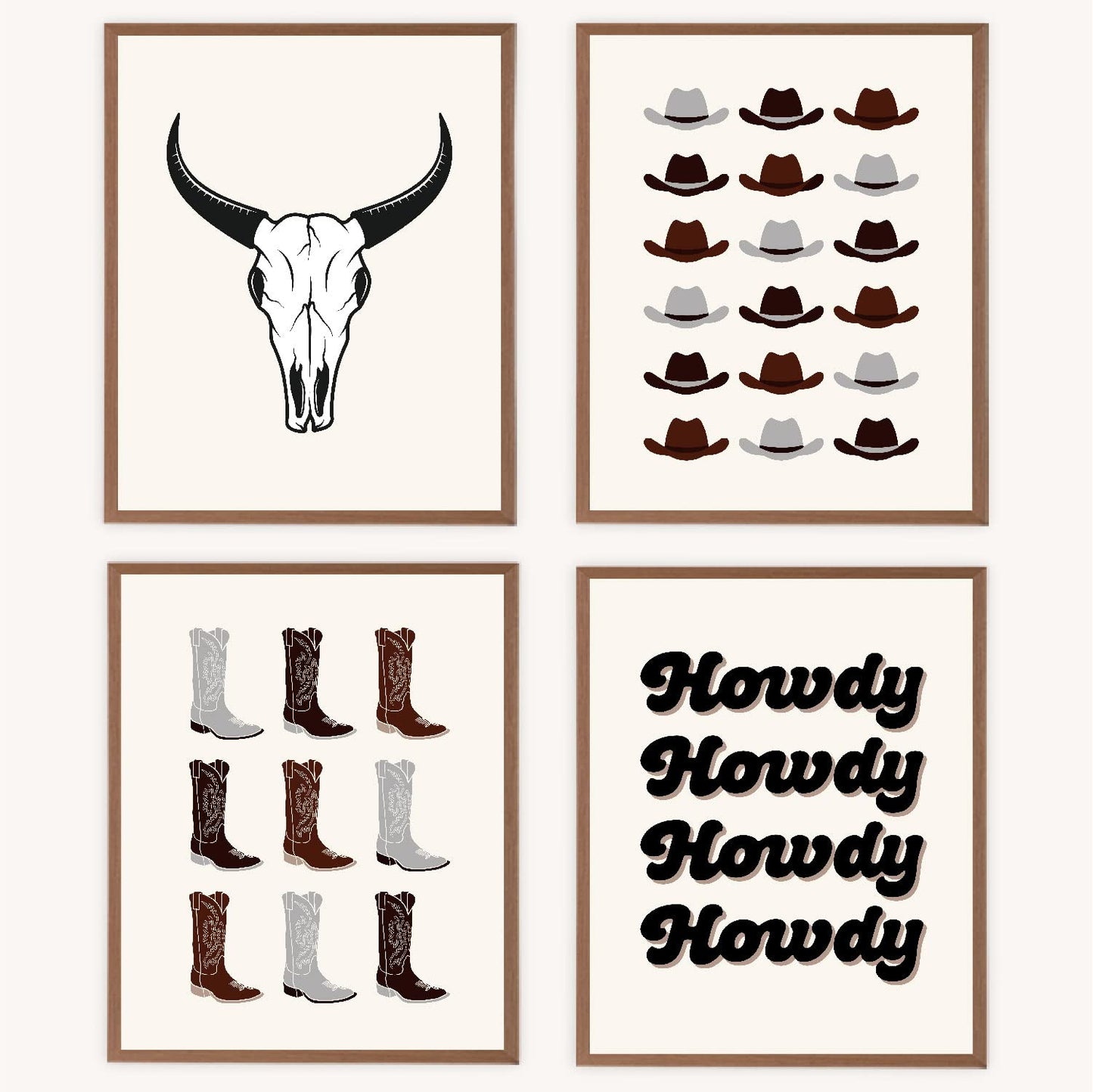 VNWEK Retro Beige Brown Preppy Howdy Western Bull Skull Cowboy Hat Boots Wall Art Poster Prints Unframed 8”x10”Set Of 4,Western Preppy Decorations for Home Preppy Room Dorm,Teen Girls Gifts (8x10inch)