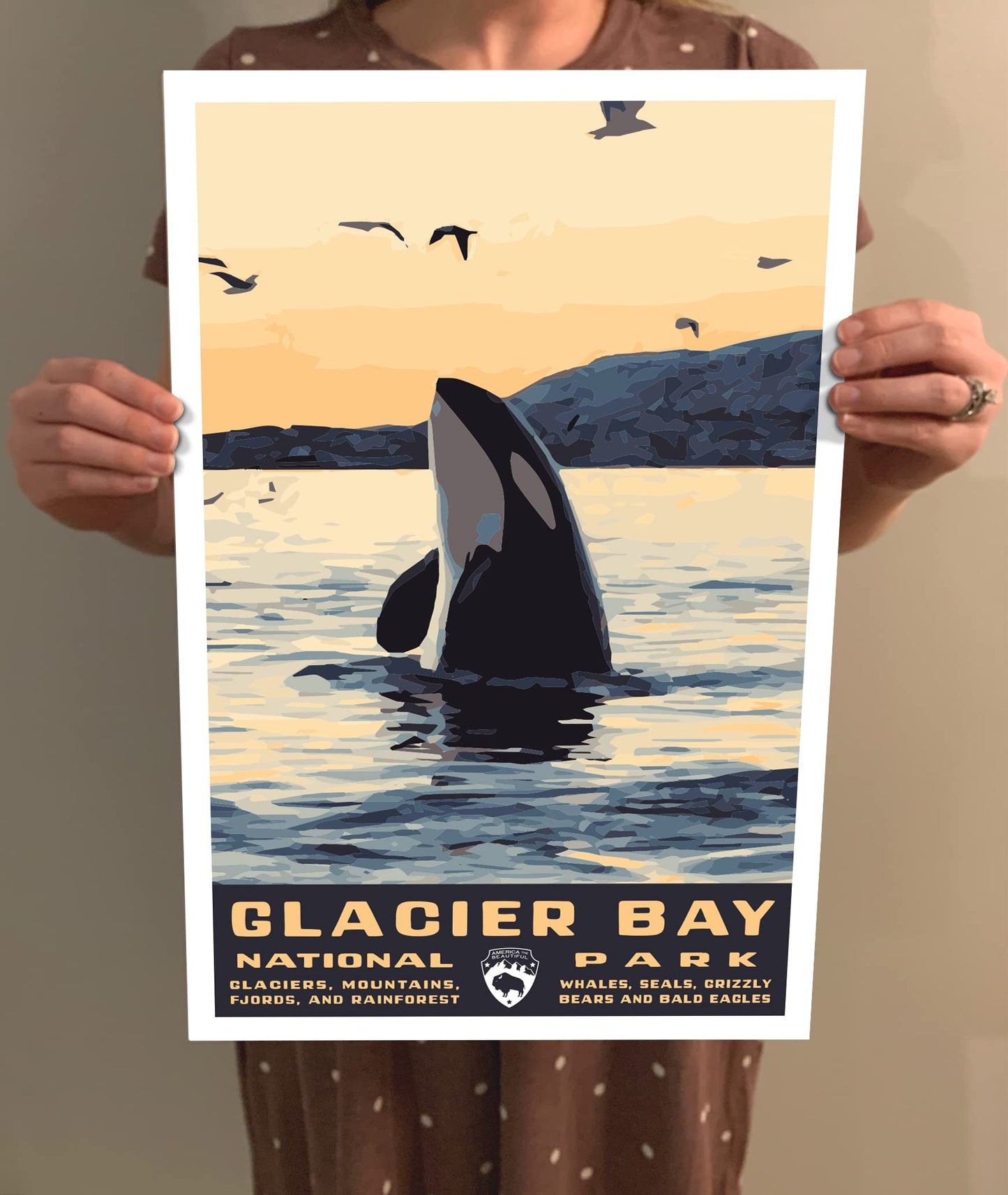 Glacier Bay National Park Vintage-Style Travel Poster - 8x10-12x18-18x24-24x36 / 4x6 Postcard WPA Style Art Print Alaska USA Orca Killer Whale (8x10 Inch Poster)