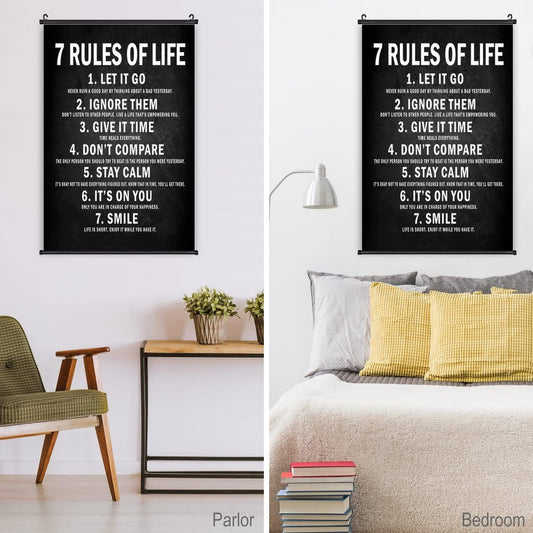 Motivational Poster Wall Scroll 7 Rules of Life Quotes Hanging Artwork Painting Inspirational Art Canvas Print for Home Living Room Bedroom Office Classroom Decor 16" X 24"