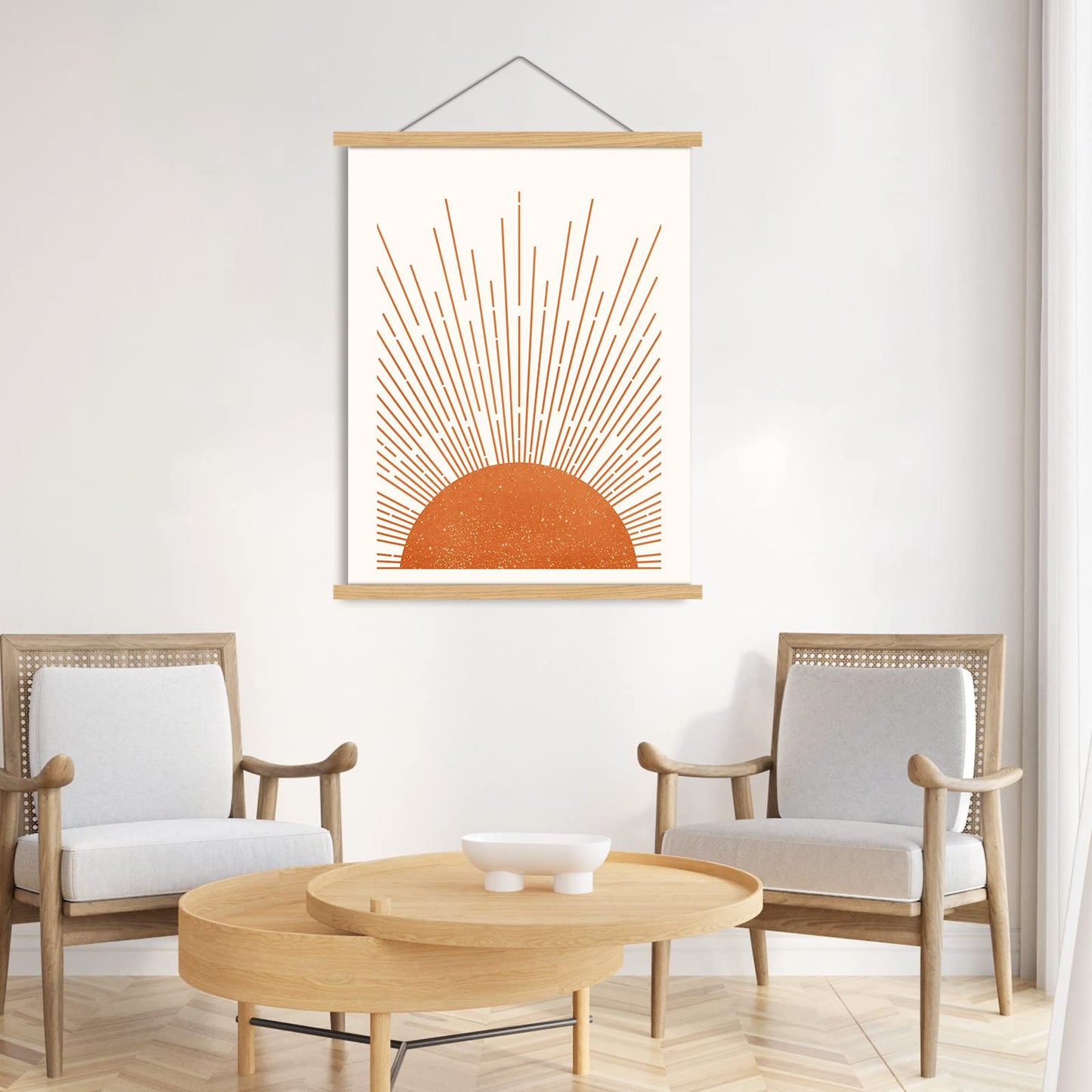 Boho Sun Wall Art Magnetic Poster Hanger Frame Wooden Magnet Canvas Artwork Sun Wall Art Rising on the Horizon Geometric Nature Illustrations Line Art Poster Hanger for Living Room Bathroom 12"x16"