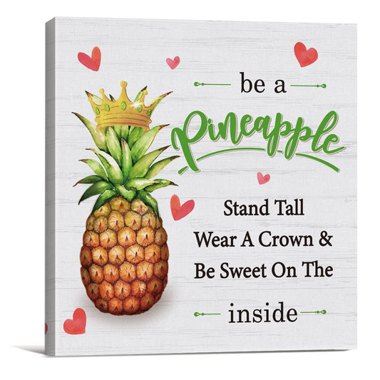 Positive Summer Canvas Prints Wall Art Decor Desk Sign Be a Pineapple Quote Poster Painting Framed Artwork 8 x 8 Inch Girl Daughter Room Home Office Shelf Wall Decoration