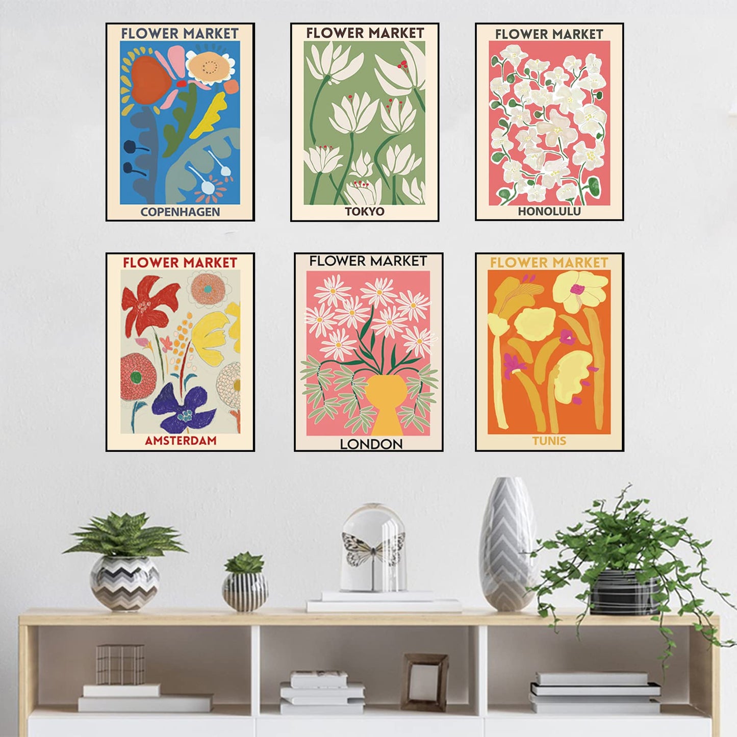 Flower Market Poster Set Of 6 ,Flower Market Wall Art Flower Market Poster London Tokyo Copenhagen Flowers Wall Art Painting Prints Flower Picture Wall Decor for Living Room Bathroom Decor Unframed