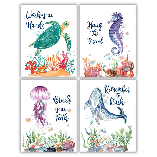 Funny Bathroom Quote Saying Art Print, Watercolor Marine Life Themed Poster, Colorful Bathroom Rules Typography, Blue Ocean Theme Baby Nursery Kids Bathroom Wall Decor (Set of 4 Unframed, 8X10)