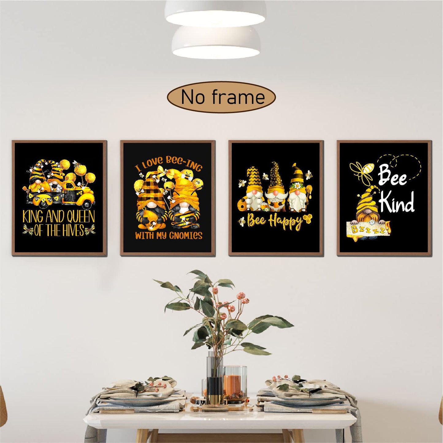VNWEK Inspirational Quote Bee Kind Bee Happy Cute Bee Gnome Wall Art Poster Prints Unframed 8”x10”Set Of 4,Cute Bee Gnome Decorations for Home Kitchen Girls Room,Gnome Lovers Women Girls Gifts