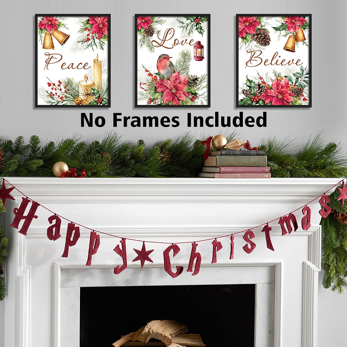 HLNIUC Jingle Bell Christmas Canvas art print,Vintage Xmas lettering Wall Art (4pcs, 8”X10”, Unframed),Red Poinsettia Flowers Poster For Bedroom Holiday Party Decor