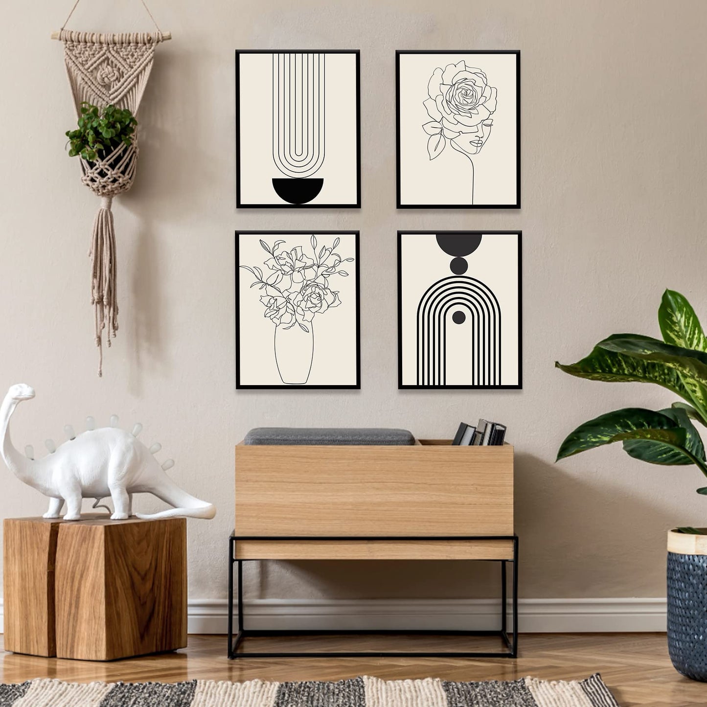 Gufro Minimalist Boho Wall Art Prints Poster,Black Beige Women Body Line Art Flower Boho Art Prints, Office Home Decoration,8''x10''x4 Pcs Unframed