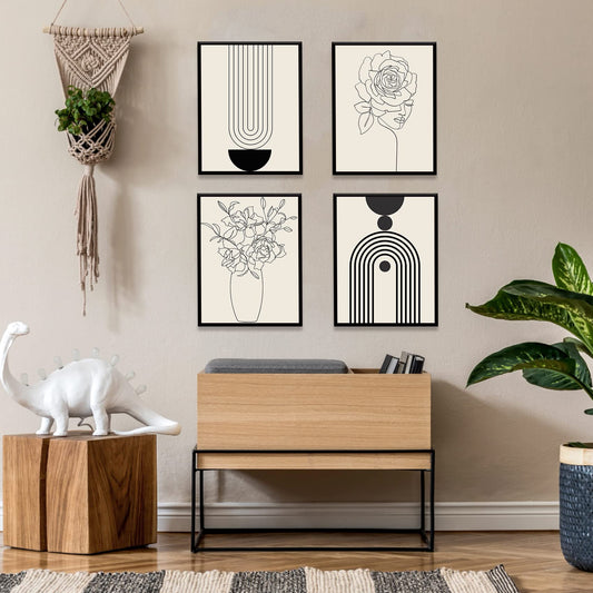 Gufro Minimalist Boho Wall Art Prints Poster,Black Beige Women Body Line Art Flower Boho Art Prints, Office Home Decoration,8''x10''x4 Pcs Unframed