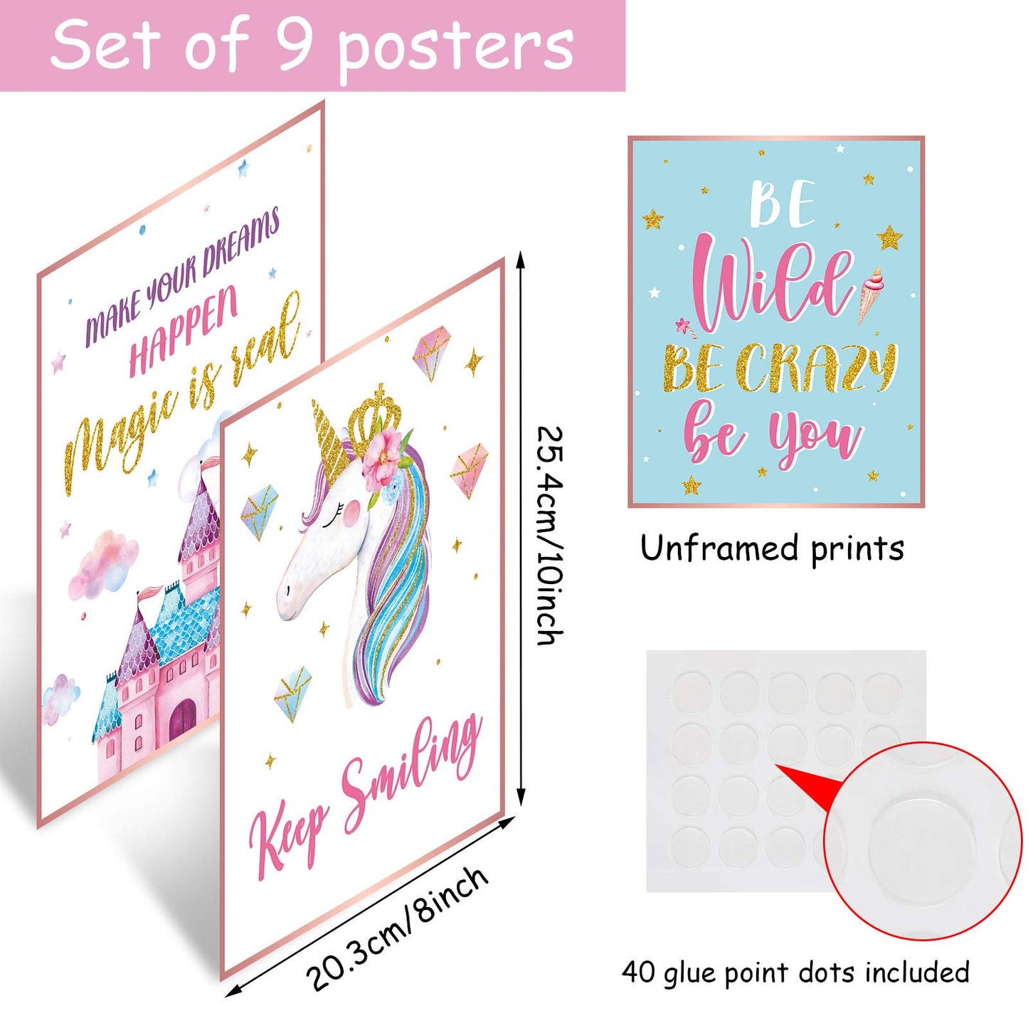 Zonon 9 Pieces Unicorn Bedroom Decor for Girl, Unicorn Wall Art Prints Unicorn Posters for Teen Girls Room Unframed Unicorn Wall Decor for Girls Kids Teen Room Decoration