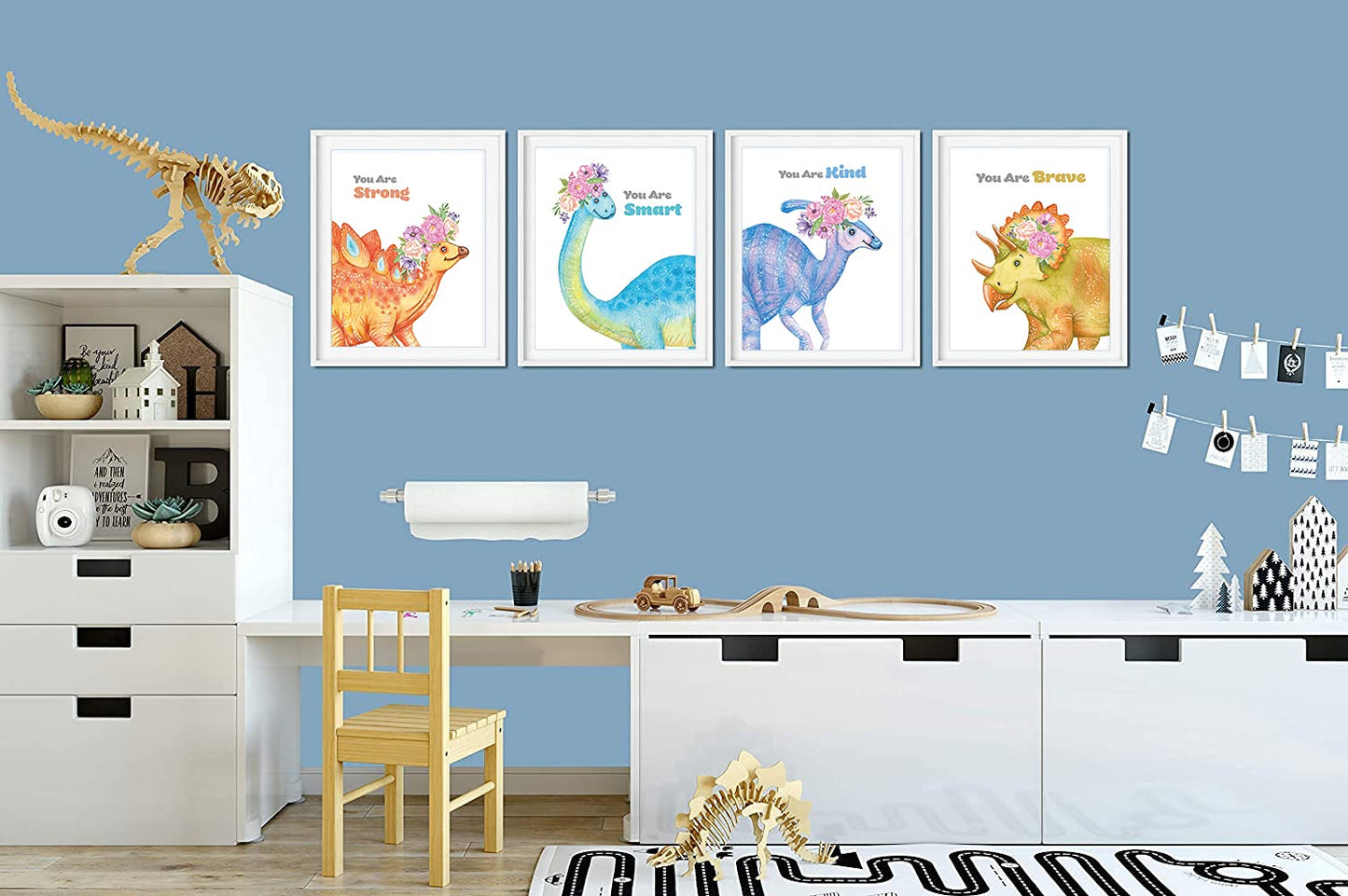 Gubrandin Watercolor Dinosaur Print Motivational Wall Art Nursery Bedroom Decoration Animals Flowers Poster Colorful Paintings for Kids Room Decor Gift (8x10 inch，Set of 4，Unframed)