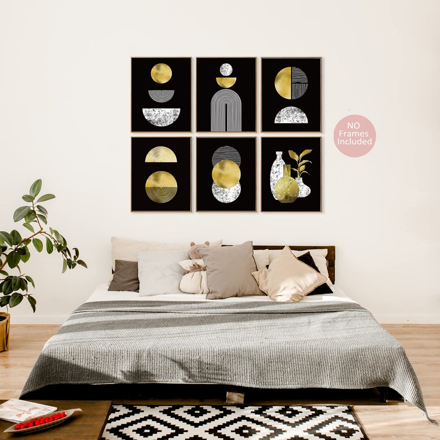 Gold and Black Boho Wall Art Prints Set of 6 (8x10) black art wall deco, Glossy Wall Art Decor, Mid-Century Modern Prints, Minimalist Geometric Boho Art Wall Posters for Bedroom Living Room