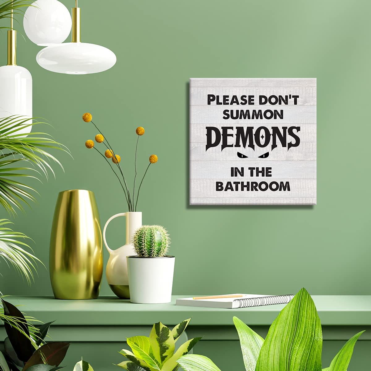 Country Humor Bathroom Canvas Prints Wall Art Decor Please Don’t Summon Demons in the Bathroom Poster Painting Framed Artwork 8 x 8 Inch Home Shelf Wall Decoration