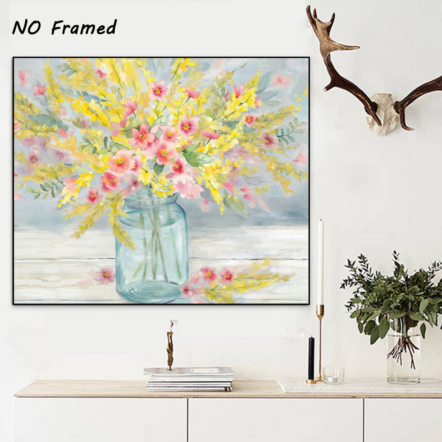 Abstract Pink Yellow Flowers Canvas Wall Art Modern Flower In A Vase Poster Prints Pink Floral Bathroom Wall Decor Rustic Yellow Pictures Painting for Living Room Decor 16x20inch Framelesss Poster