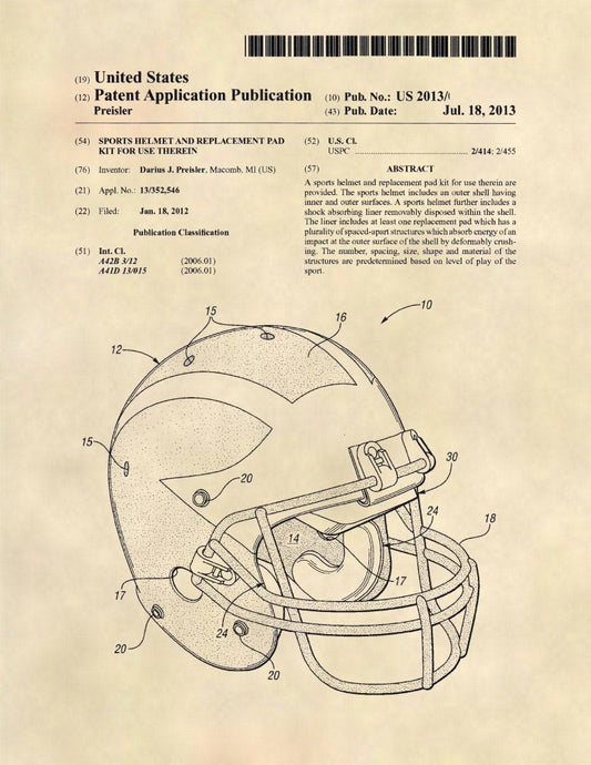 Patent Prints - Michigan Wolverines Football Helmet - Football Wall Art - Patent Art Poster (8.5 x 11) - 485