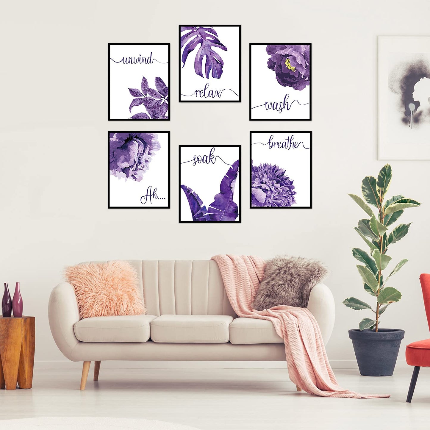 6 Pieces Purple Wall Art Decor Relax Soak Wash Breathe Unwind Bathroom Decor Unframed Flower Poster Prints Photos Farmhouse Wall Painting Decor for Home Bathroom Washroom, 8 x 10 Inch (Purple)