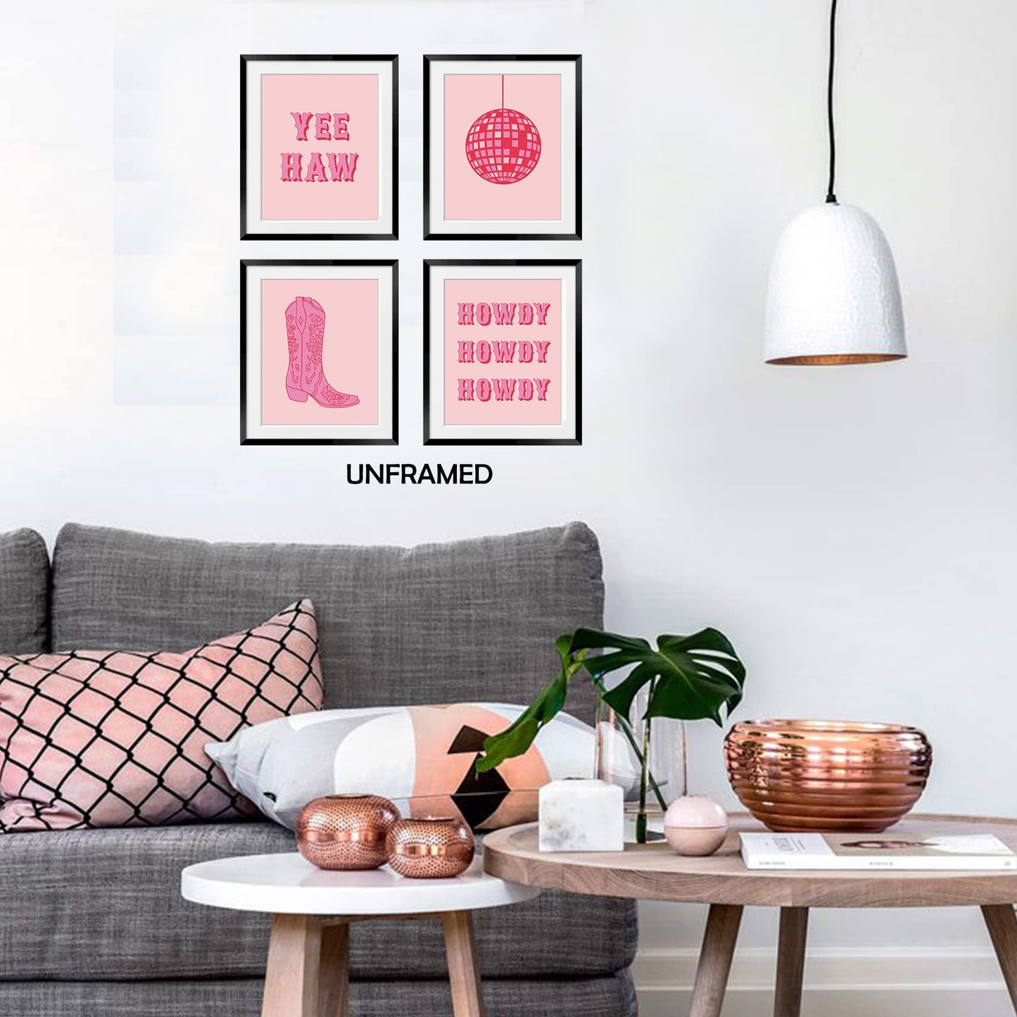 OGILRE Pink Abstract Disco Ball Cowgirl Boots Howdy Yee Haw Wall Art Decorations Prints, Cowgirl Boho Poster, 8x10 Inch 4 Set Unframed