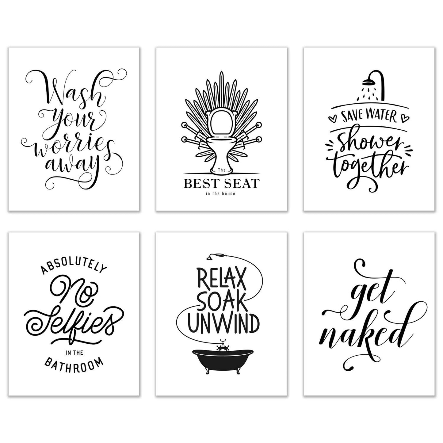 Bathroom Wall Art Decor - Set of 6 (8 inches x 10 inches) Funny Poster Prints