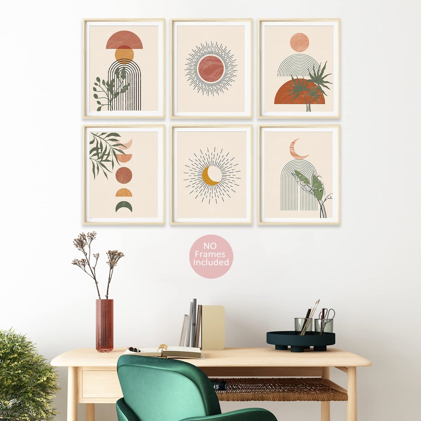 Abstract Boho Wall Art Prints, Minimalist Geometric Boho Wall Art Orange Beige Palm Leaf Line Art Painting Poster, for Bedroom Living Room Bathroom Boho Room Decor(Set of 6, 8" X 10", Unframed)