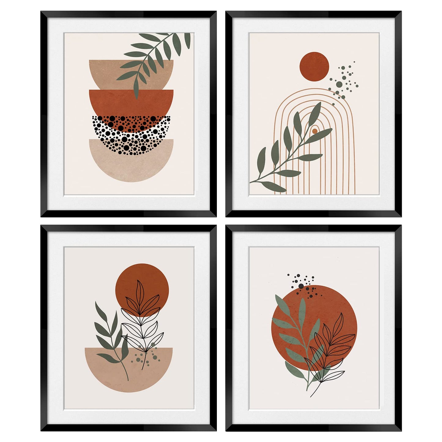 OGILRE Bohemian Geometric Sun Semi Circle Abstract Art Botanical Plant Wall Art Decorations Prints, Boho Nature Drawing Poster, 8x10 Inch 4 Set UNFRAMED