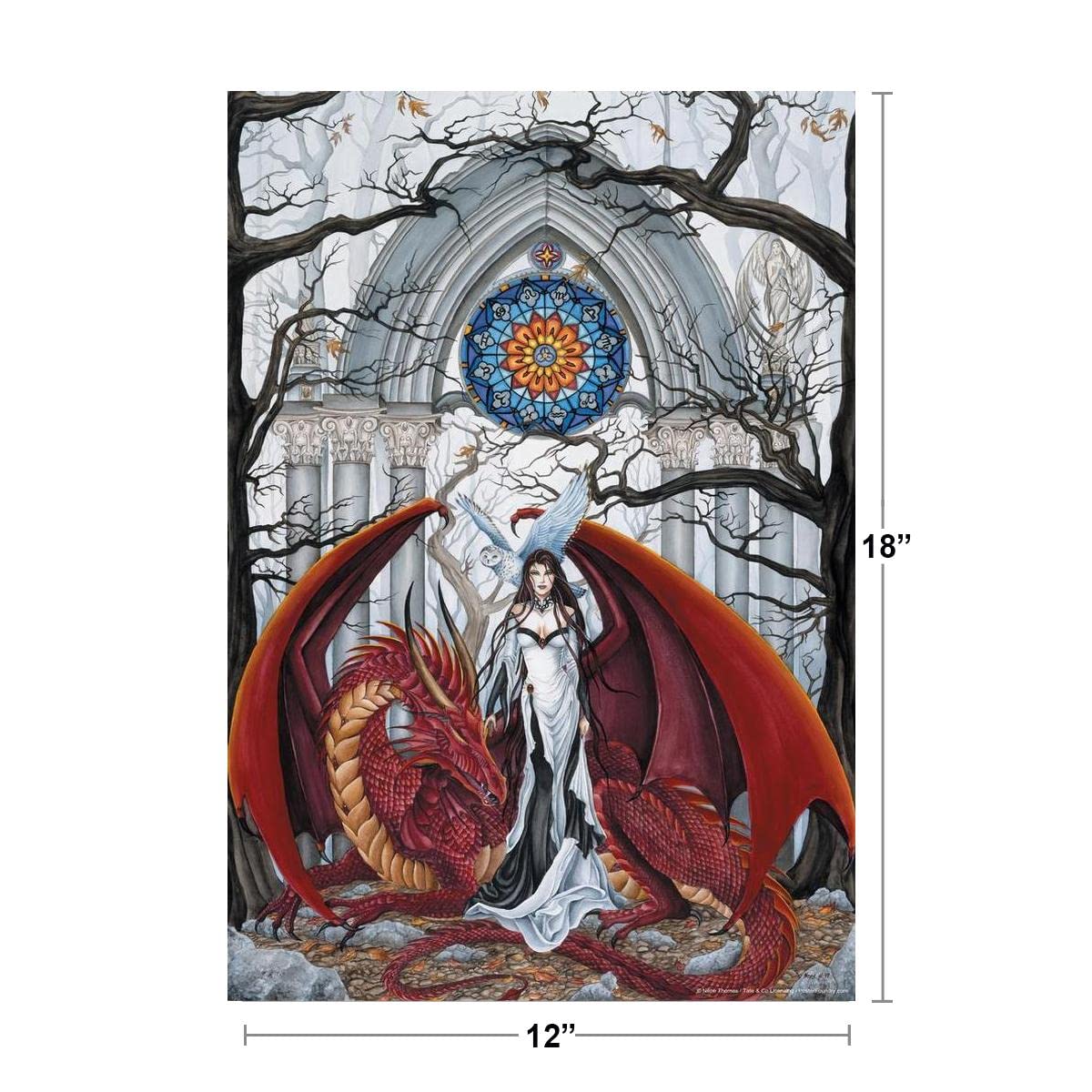 Wisdom Warrior Queen In Temple Red Dragon Owl by Nene Thomas Fantasy Poster Cool Wall Decor Art Print Poster 12x18