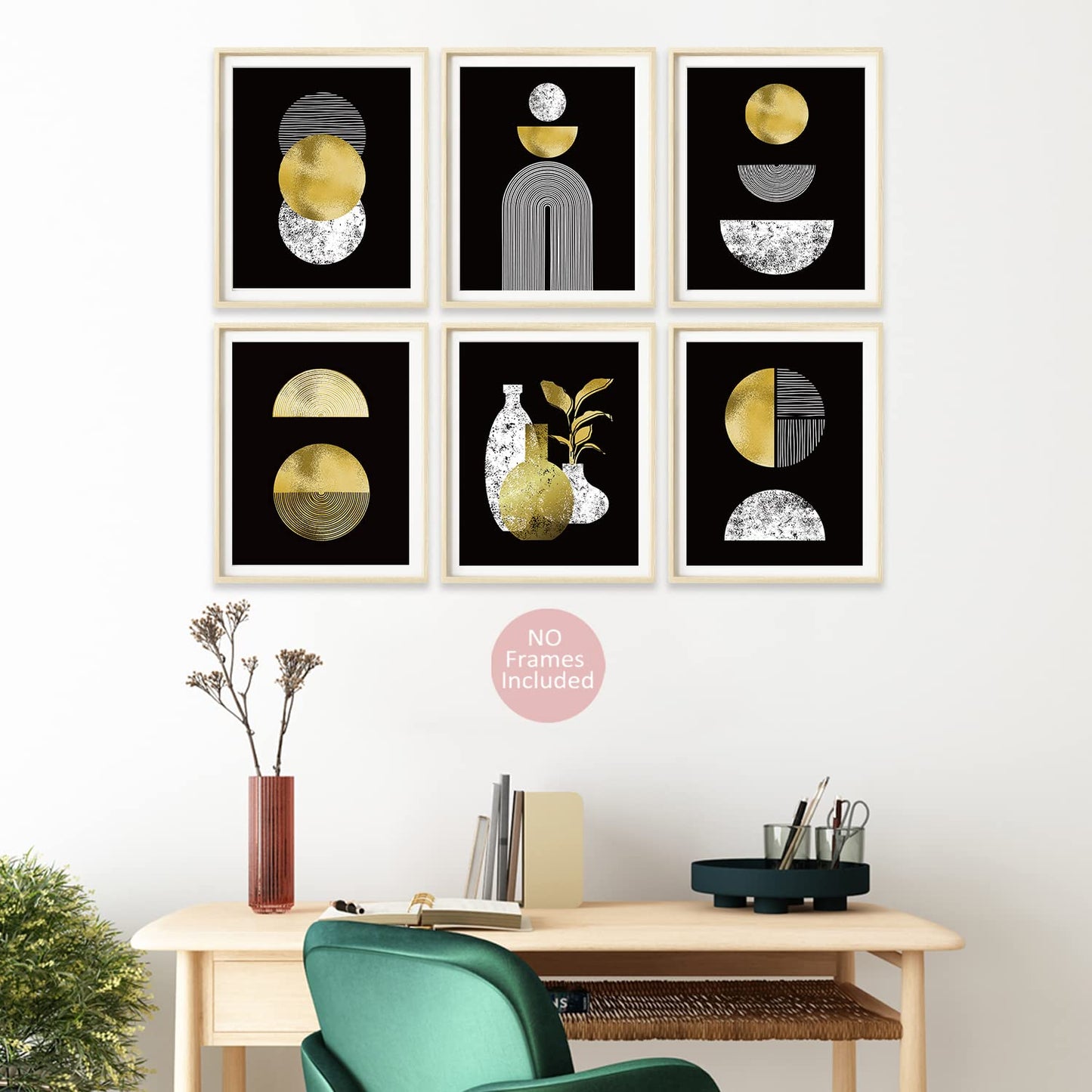 Gold and Black Boho Wall Art Prints Set of 6 (8x10) black art wall deco, Glossy Wall Art Decor, Mid-Century Modern Prints, Minimalist Geometric Boho Art Wall Posters for Bedroom Living Room