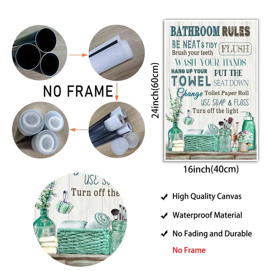 Rustic Farmhouse Wall Art Bathroom Wall Decor Bathroom Art Poster Pictures for Bathroom Bathroom Rules Pictures for Wall Green Bathroom Sign Canvas Prints for Restroom Toilet 16x24 Inch No Frame