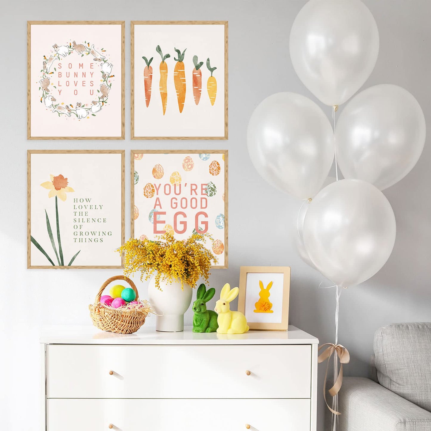 AnyDesign 9Pcs Easter Wall Art Prints Decorative Easter Egg Rabbit Bunny Floral Canvas Art Posters for Spring Holiday Home Gallery Living Room Bedroom Decor, 8 x 10 Inch, Unframed