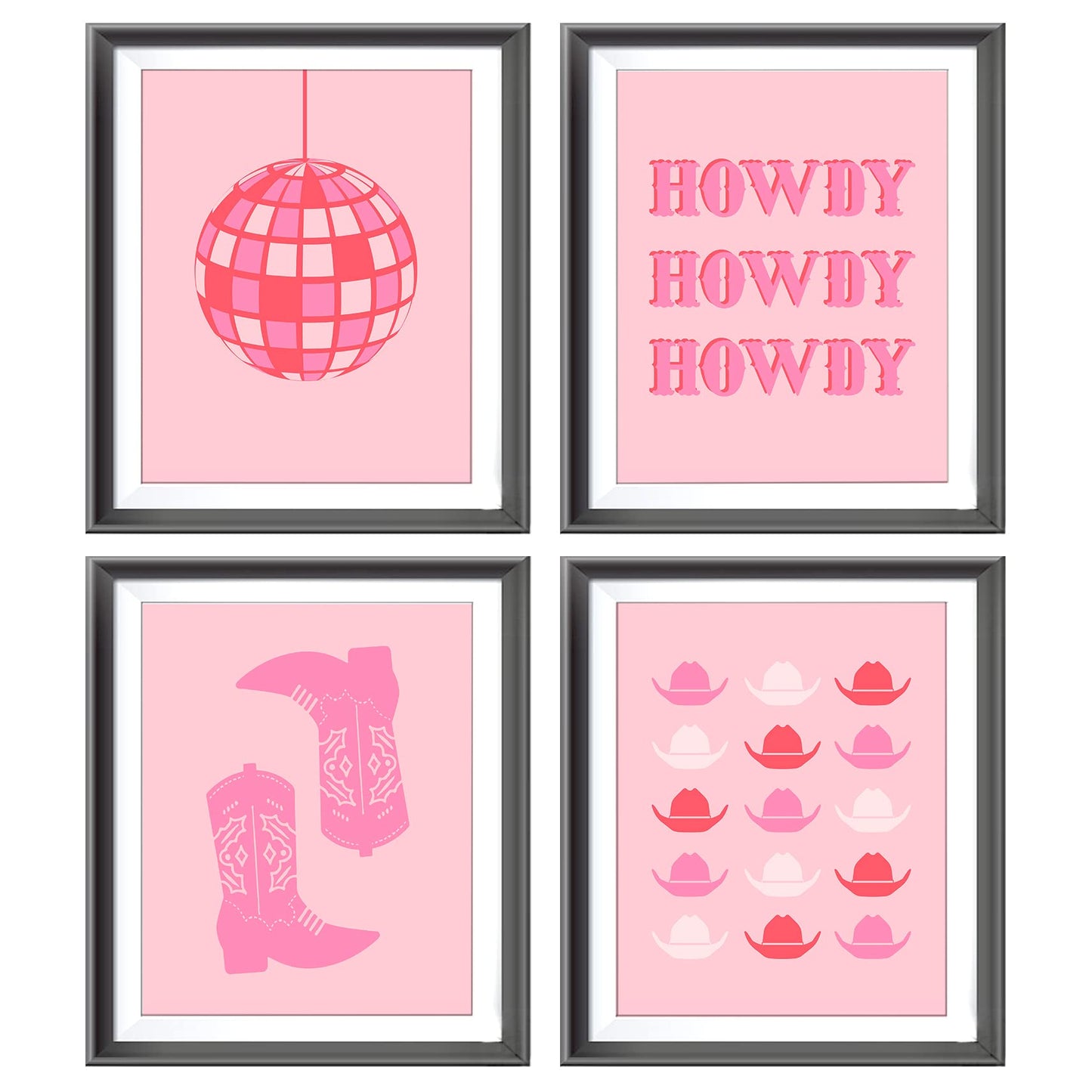 Hot Pink Howdy Western Cowgirl Boots Hats Bull Skull Disco Ball Poster Prints for Home Girls Room Dorm Decor,Preppy Decorations Prints Wall Art Unframed 4pcs 8x10 Inches,Teen Girls Cowgirls Gifts
