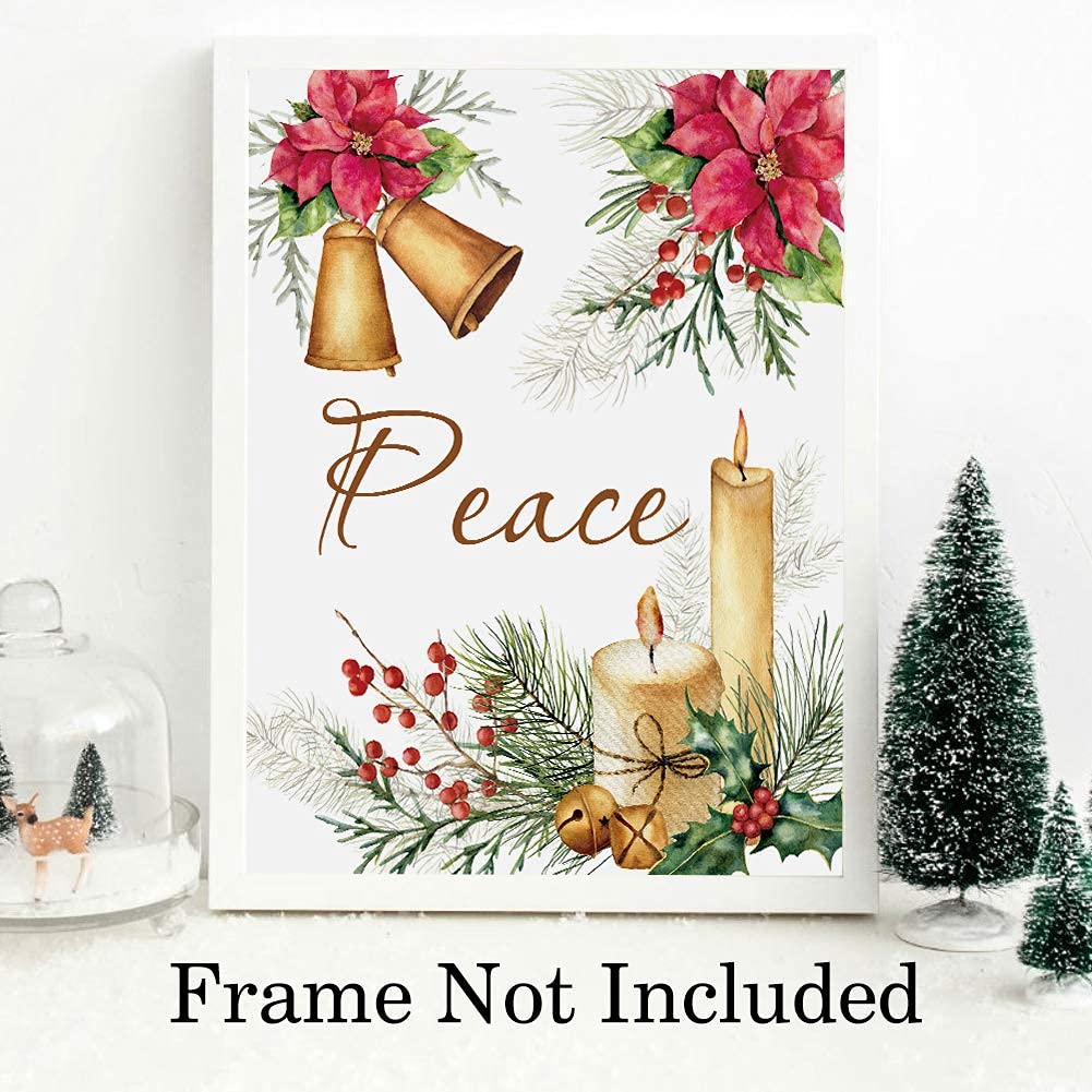 HLNIUC Jingle Bell Christmas Canvas art print,Vintage Xmas lettering Wall Art (4pcs, 8”X10”, Unframed),Red Poinsettia Flowers Poster For Bedroom Holiday Party Decor