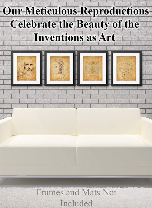Original Leonardo da Vinci Art Prints - Great Home Office and Science Classroom Decor, Dorm Room and School Accessories, Vintage Teacher Gift Idea, Set of 4 Photos 8x10 Unframed Art Print Posters