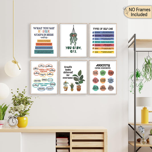 Mental Health Posters Anxiety Therapy Motivational Poster Psychologist Counselor Inspirational Positive Quotes Wall Art Print for Classroom Kids School Nursery Office Wall Decor Set Of 6 8x10 In