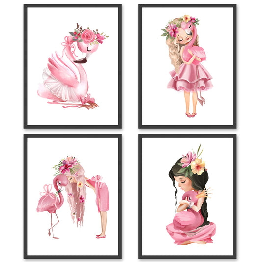 Flamingo Girl Wall Art Canvas Prints - Watercolor Pink Picture Princess Floral Animal Decor Poster for Baby Shower Bathroom Nursery Room Home Living Teen Bedroom Wall Decor Set of 4 Unframed 8x10inch