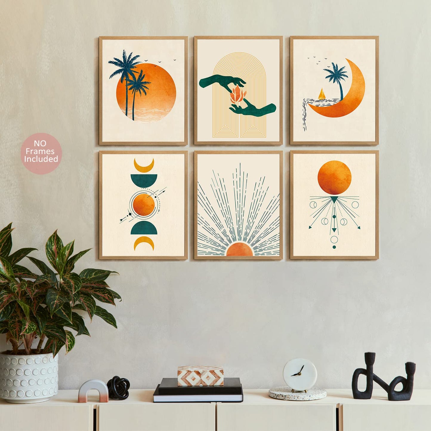 Abstract SunsetSunrise Landscape Art Prints, Modern Mid Century Geometric Decor, Boho Sun Moon Wall Art Posters Set of 6 (8x10 in Unframed) Palm Leaf Rainbow Boho Room Bedroom Bathroom Wall Decor