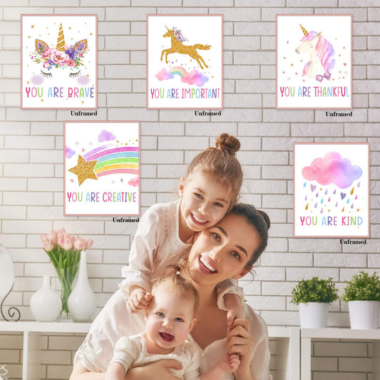 Zonon 9 Pieces Unicorn Rainbow Wall Art Prints Unicorn Rainbow Motivational Posters Unframed Watercolor Unicorn Rainbow Posters for Girls Kids Bedroom Nursery Decorations