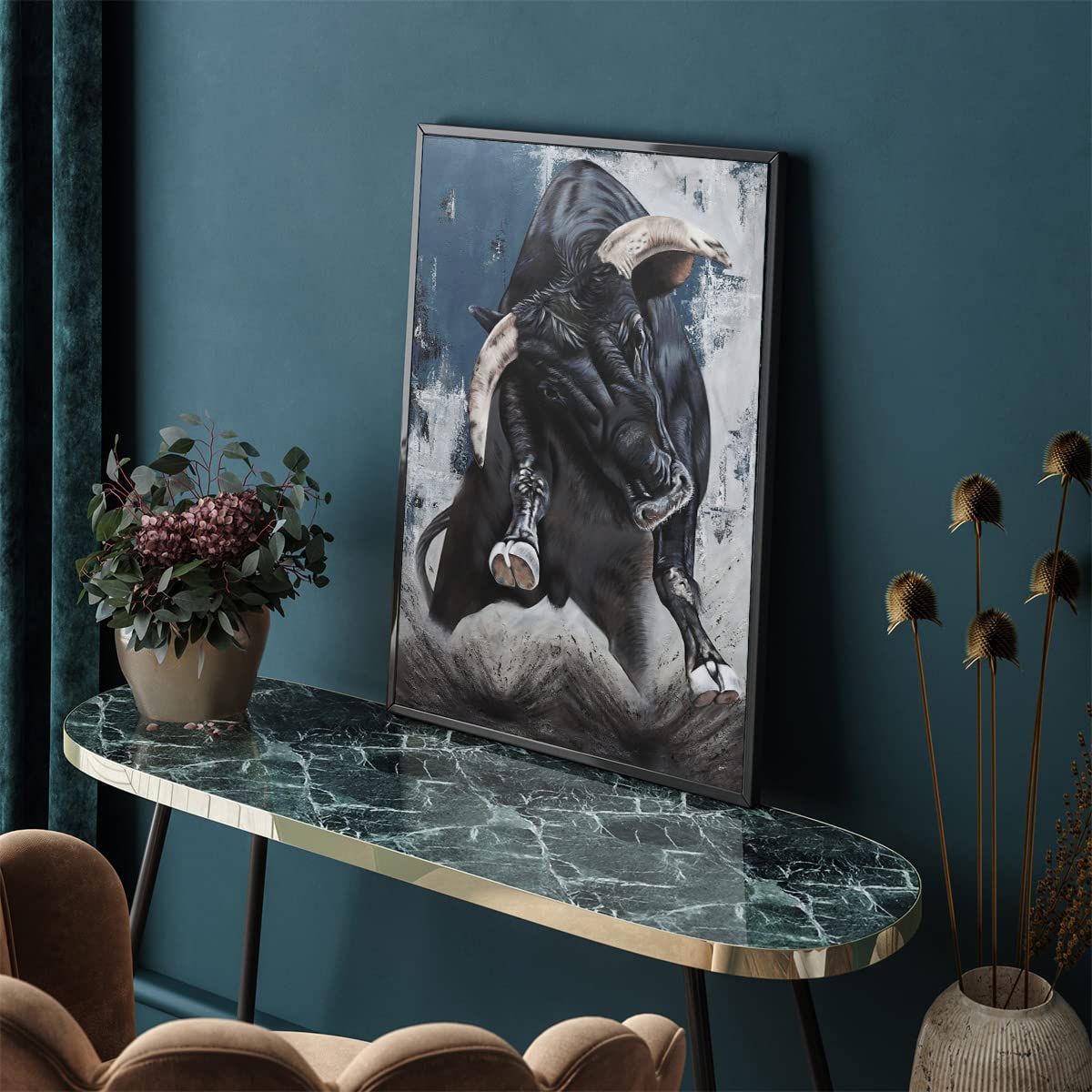 SIDMO bull painting cow paintings canvas wall art abstract animal black and gold poster highland print farmhouse artwork 12x18inch Unframed