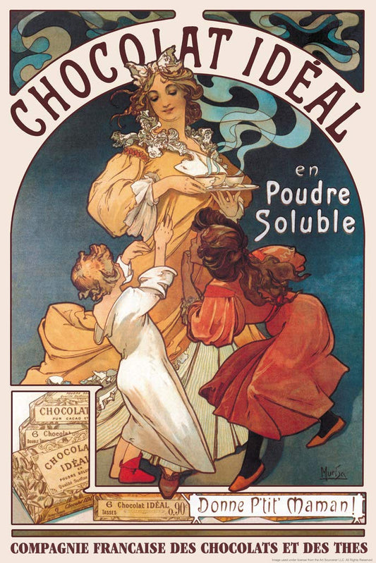 Chocolat Ideal Alphonse Mucha Chocolate French Painting Art Print Art Nouveau French France Vintage Ad Advertisement Cool Wall Decor Art Print Poster 12x18