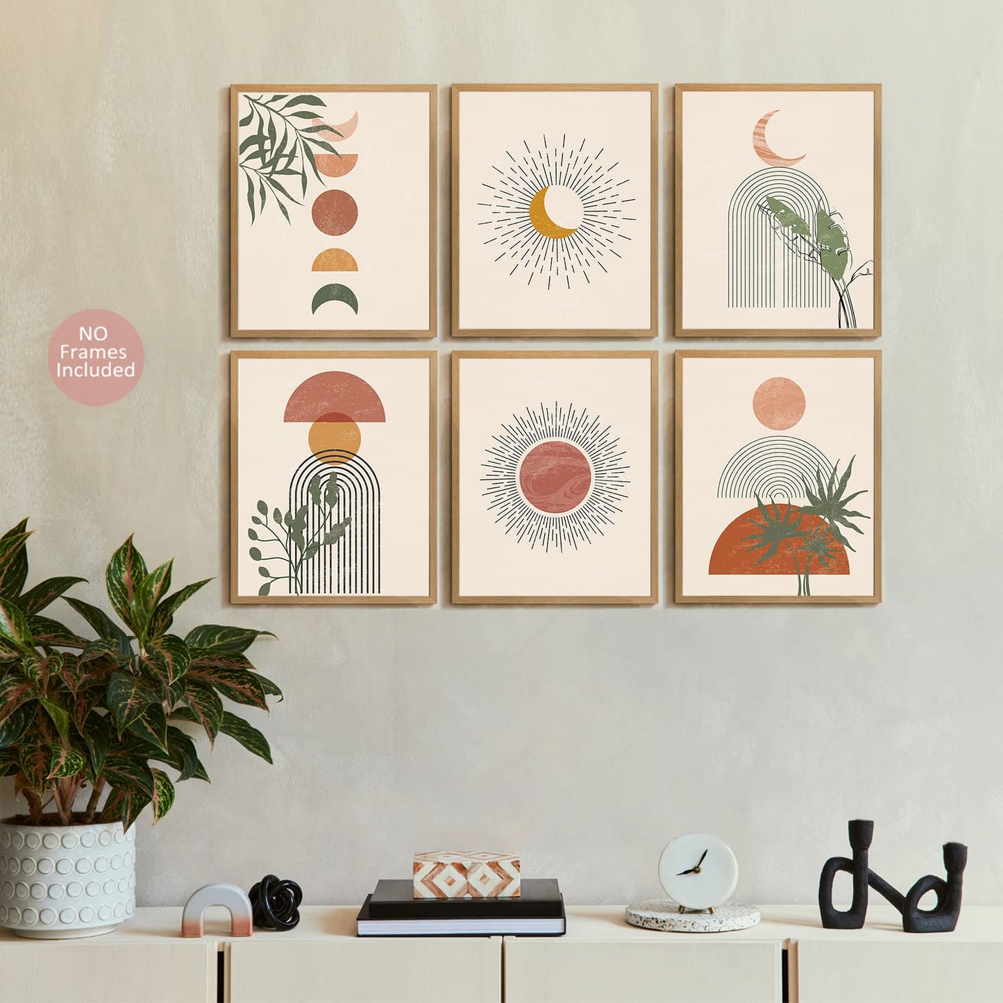 Abstract Boho Wall Art Prints, Minimalist Geometric Boho Wall Art Orange Beige Palm Leaf Line Art Painting Poster, for Bedroom Living Room Bathroom Boho Room Decor(Set of 6, 8" X 10", Unframed)