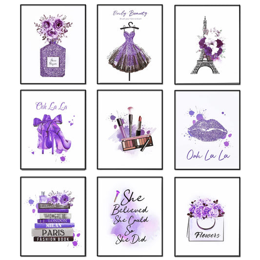 9 Pieces Purple Flower Perfume Fashion Paris Wall Art Prints Wall Pictures Art Posters Wall Decor for Girls Bedroom Makeup Art Women Room 8"x 10" UNFRAMED