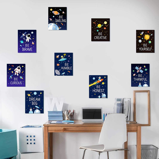 Zonon 9 Pieces Space Wall Prints Unframed Space Inspirational Posters 8 x 10 Inch Planet Motivational Quote Pictures for Playroom Bedroom Classroom Decor College Dorm