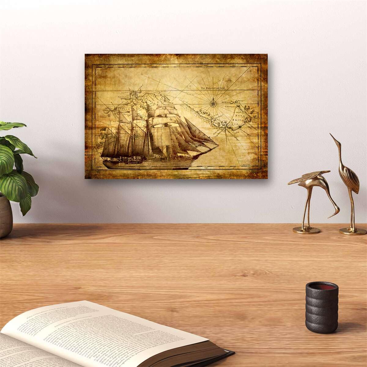 Meishe Art Old Sailing Ship Nautical Map Poster Print Wall Art Picture Home Canvas Decor (15.75" x 23.62")