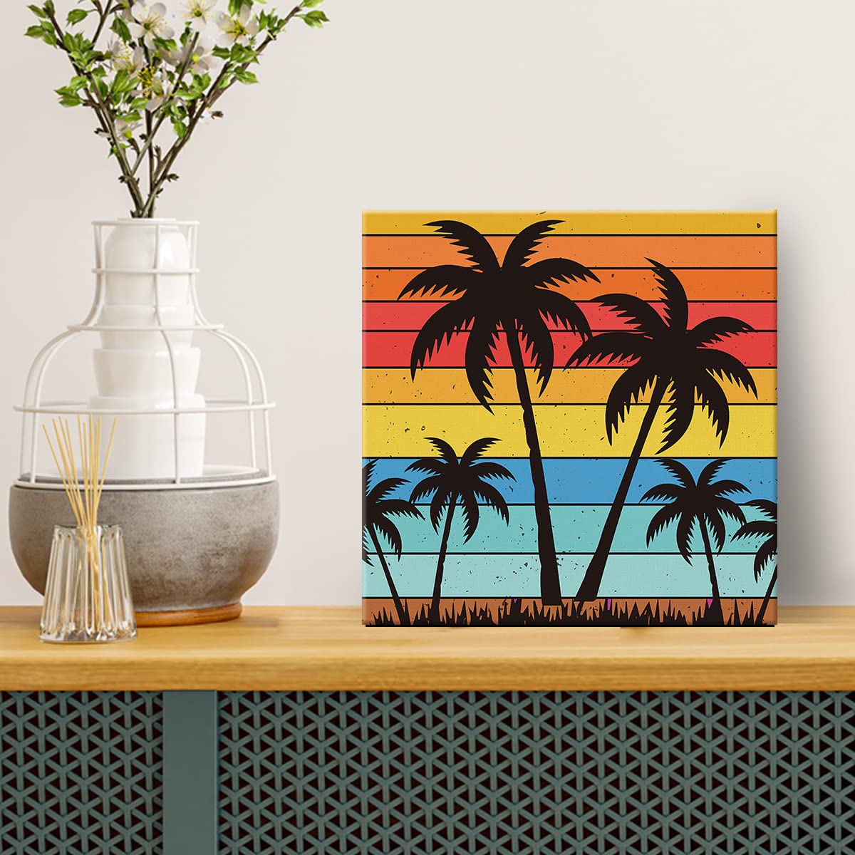 Rustic Beach Palm Tree Canvas Prints Wall Art Decor Beach Poster Painting Framed Artwork Summer Seaside Signs Farmhouse Home Shelf Desk Wall Decoration 8 x 8 Inch